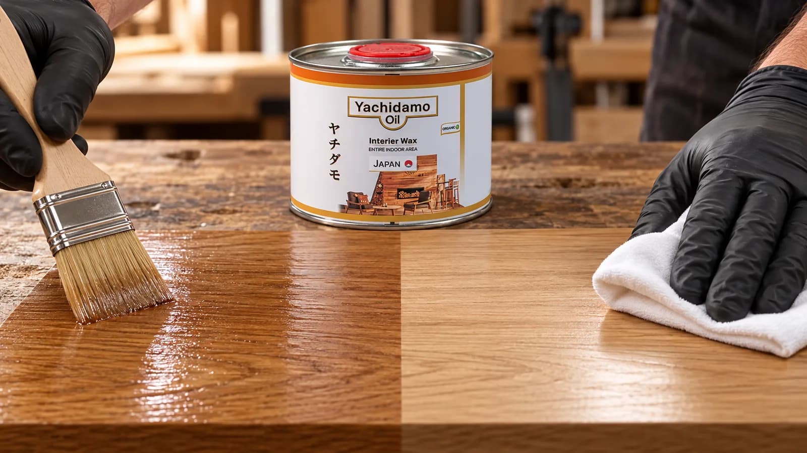 Банка Yachidamo Oil Interior Wax стоит за дубовой панелью, где масло одновременно наносят широкой кистью и белой салфеткой.
