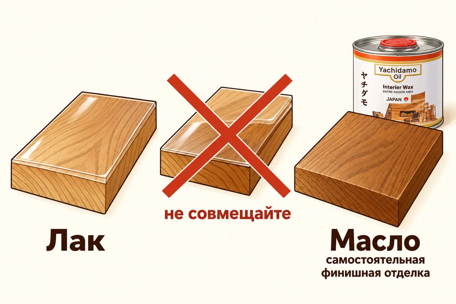 Лак и масло — отдельные финиши: лак образует поверхностную плёнку, масляную отделку не используют как слой под лак.