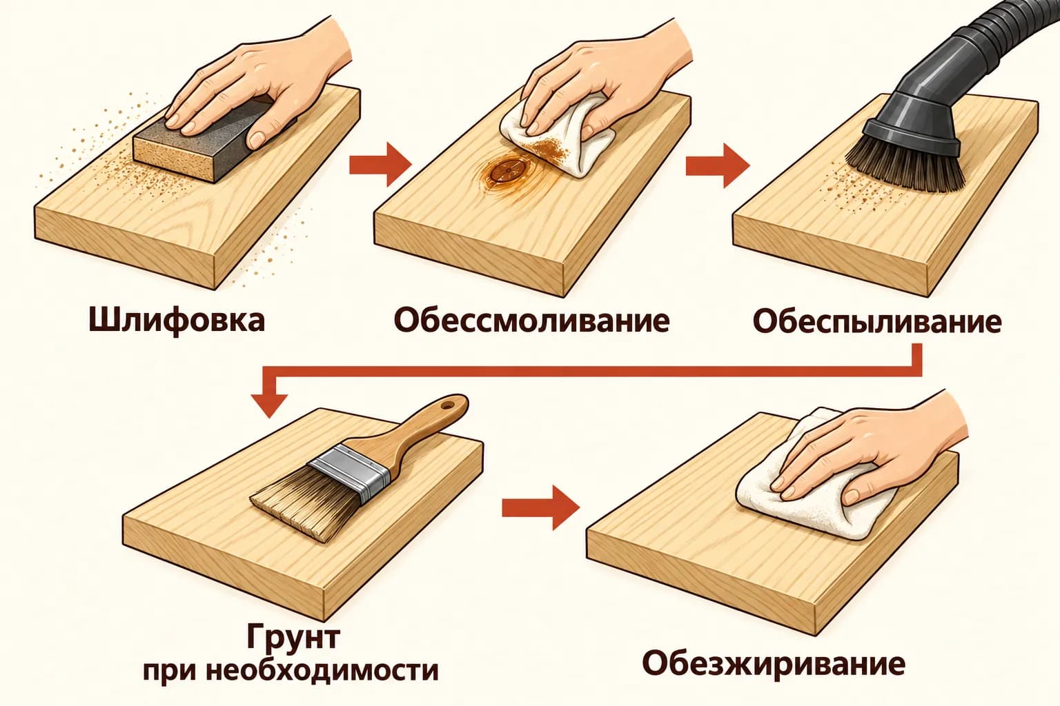 Под лак дерево шлифуют, обессмоливают, обеспыливают, при необходимости грунтуют и обезжиривают.