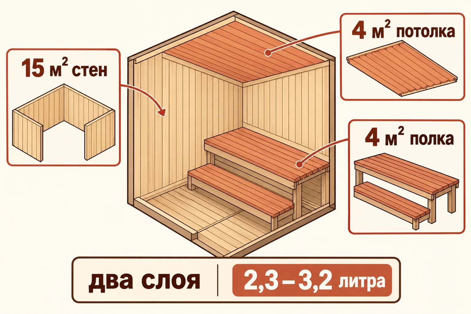 В примере парной: 15 м² стен, 4 м² потолка и около 4 м² полка; на два слоя требуется примерно 2,3–3,2 литра.