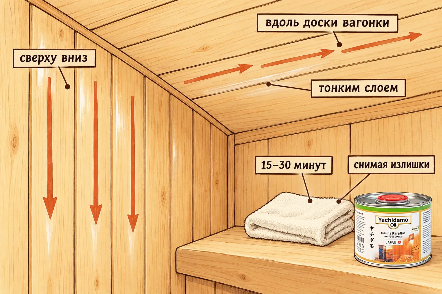 На стене двигаются сверху вниз вдоль доски, на потолке работают тонким слоем; излишки снимают через 15–30 минут.