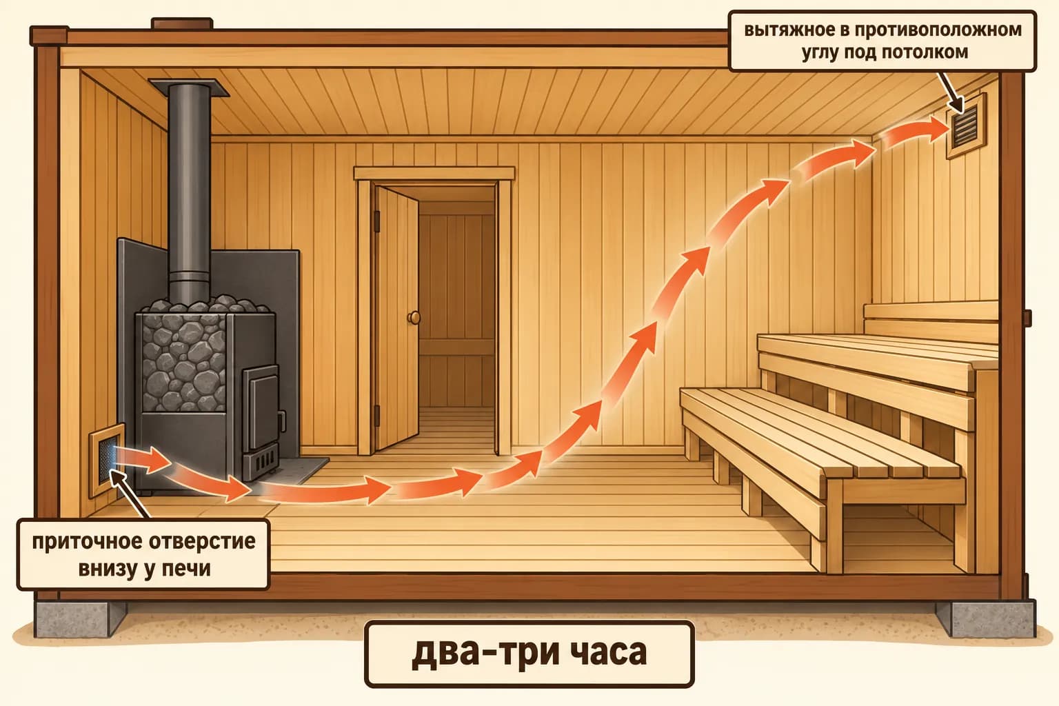 Приток расположен внизу у печи, вытяжка — в противоположном углу под потолком; ориентир просушки — два-три часа.