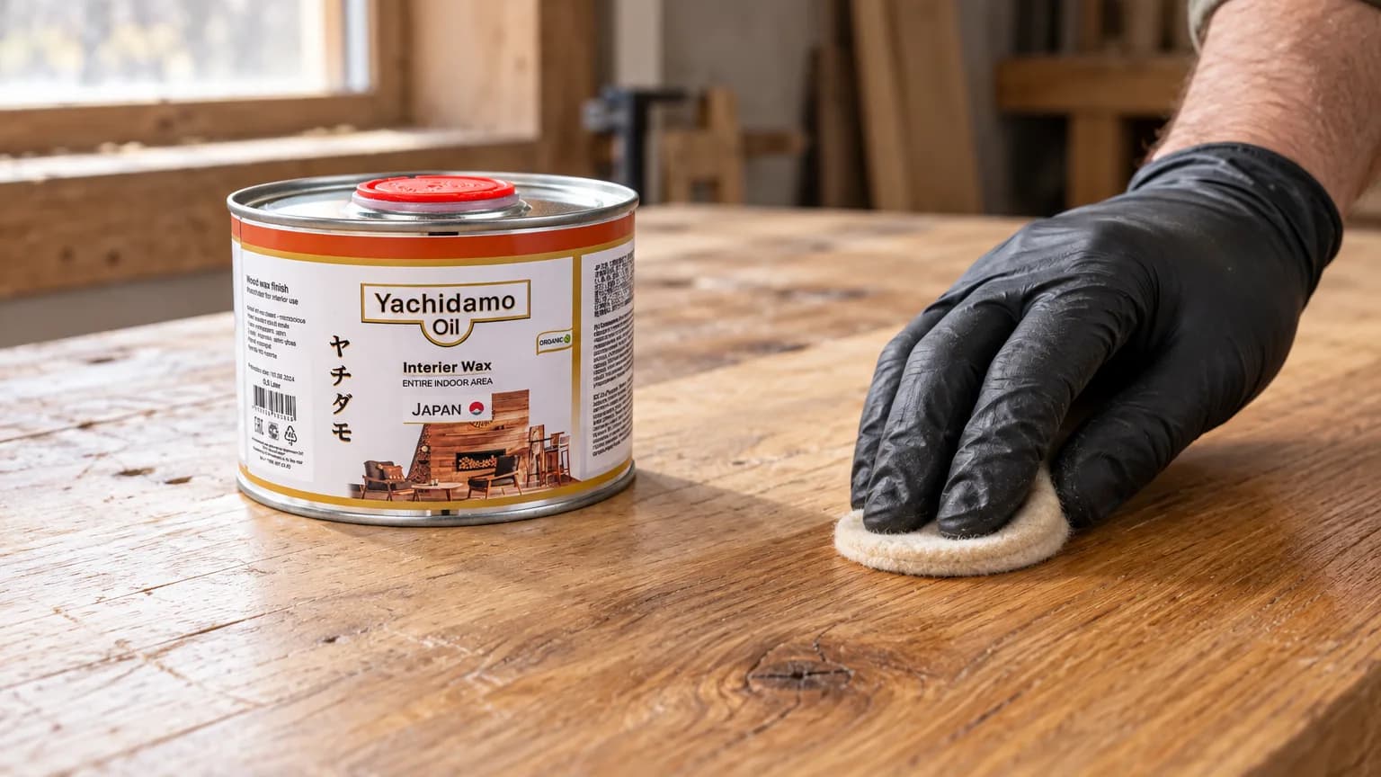 Рука в перчатке полирует деревянную панель войлоком рядом с Yachidamo Oil Interior Wax.