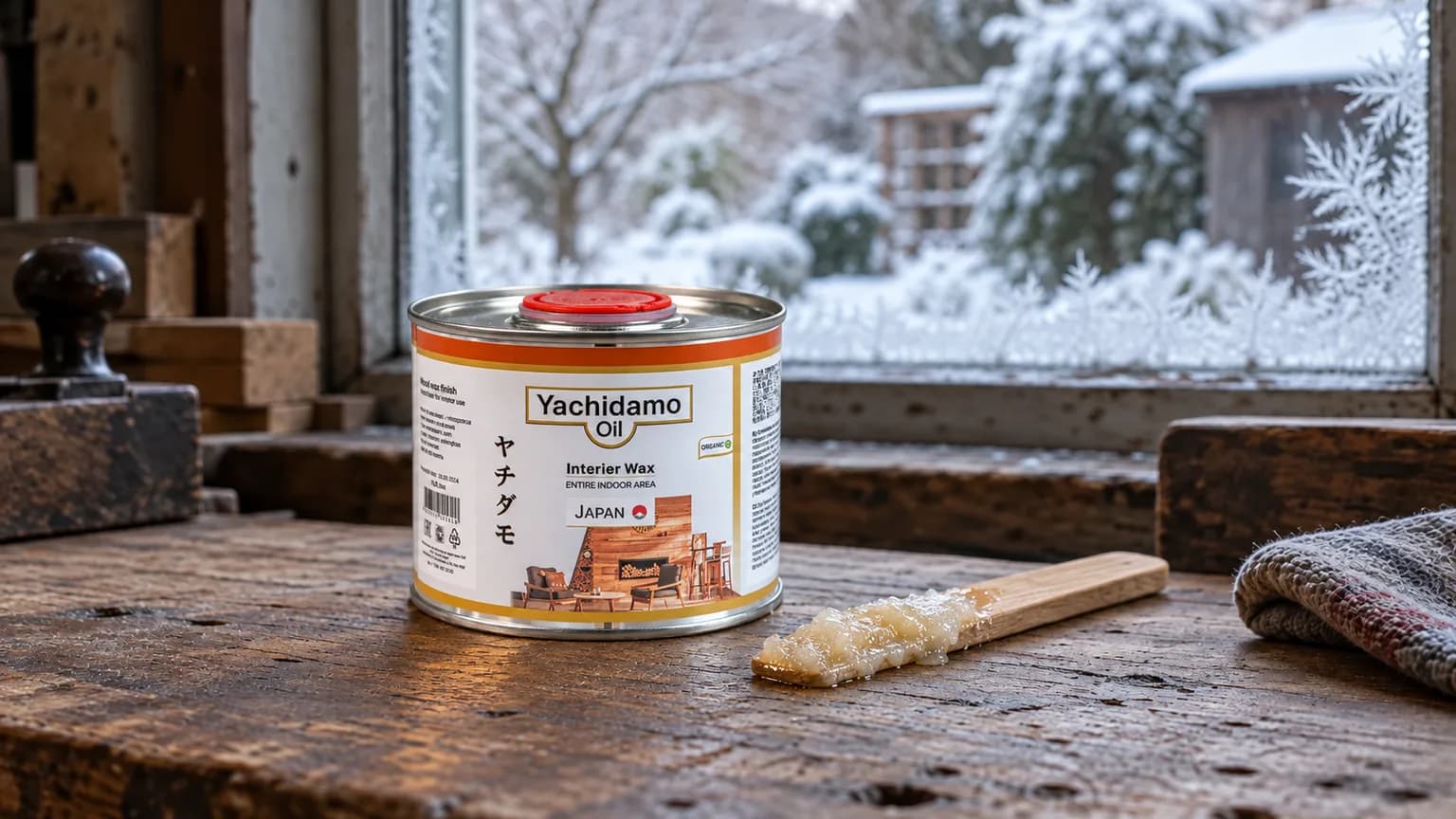 Банка Yachidamo Oil Interior Wax и палочка с помутневшим после замерзания маслом на верстаке у зимнего окна.