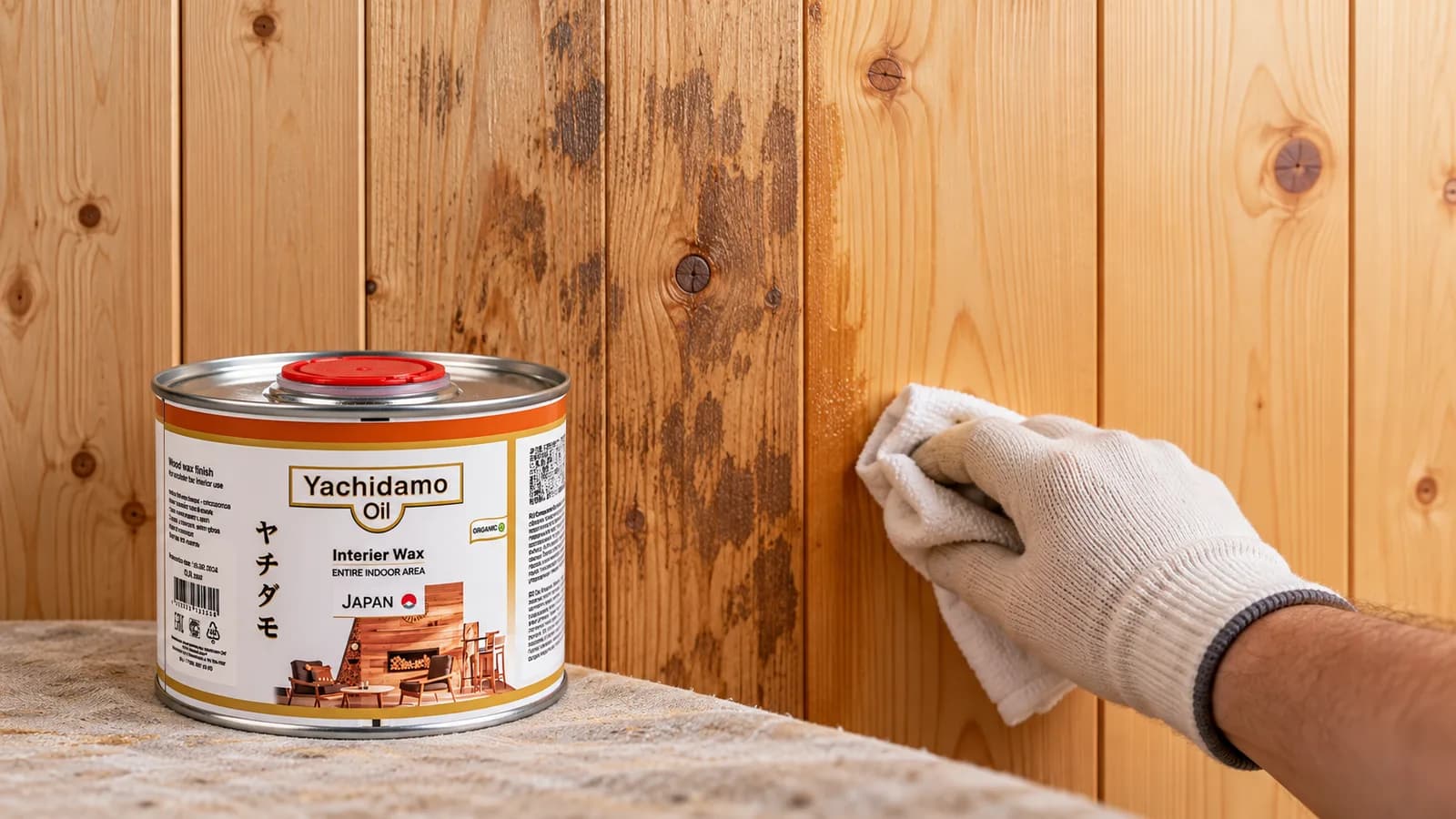 Банка Yachidamo Oil Interior Wax стоит у стены из вагонки, где пятнистые доски переходят в ровное тёплое матовое покрытие.