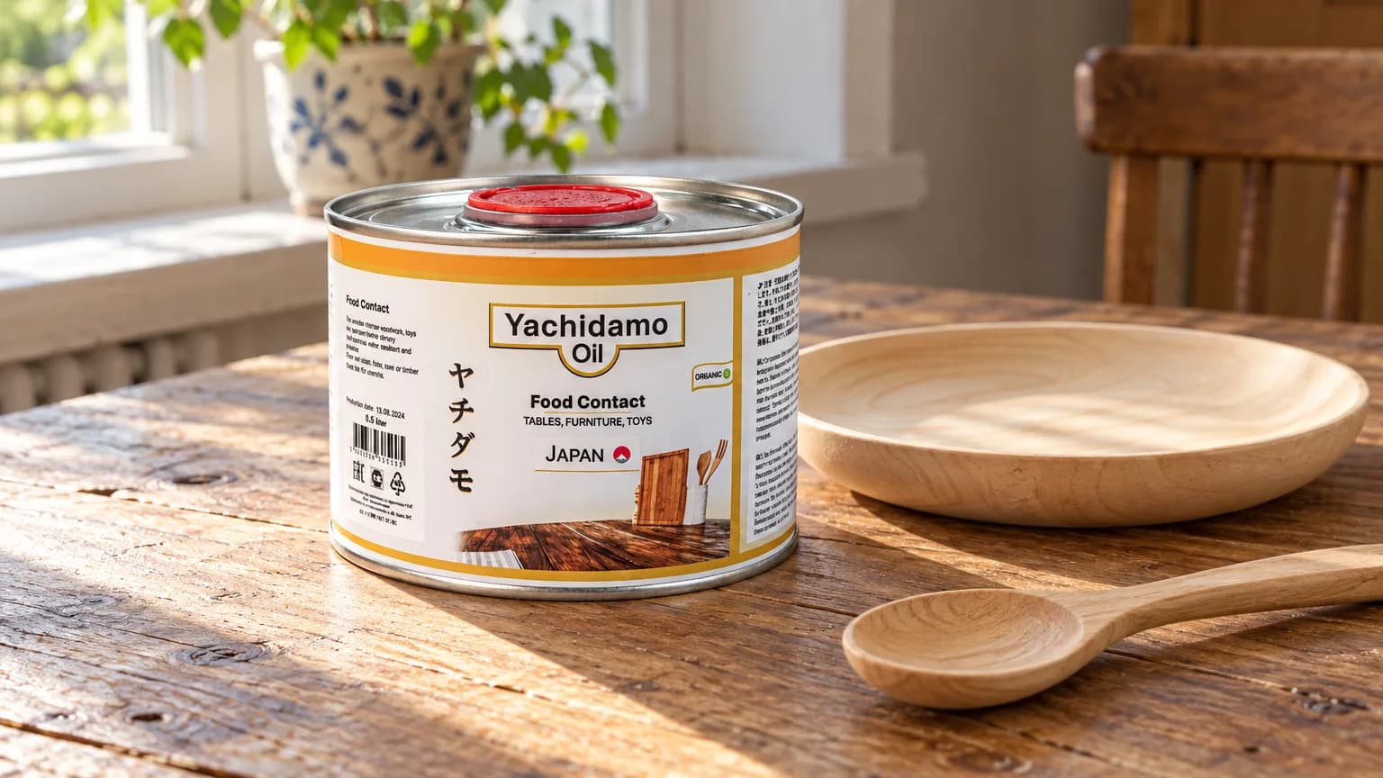 Банка Yachidamo Oil Food Contact рядом с деревянной тарелкой и ложкой на кухонном столе.