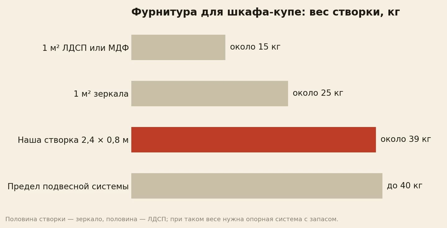 Фурнитура для шкафа-купе: 1 м² ЛДСП или МДФ около 15 кг, 1 м² зеркала около 25 кг, наша створка около 39 кг, подвесная система держит до 40 кг