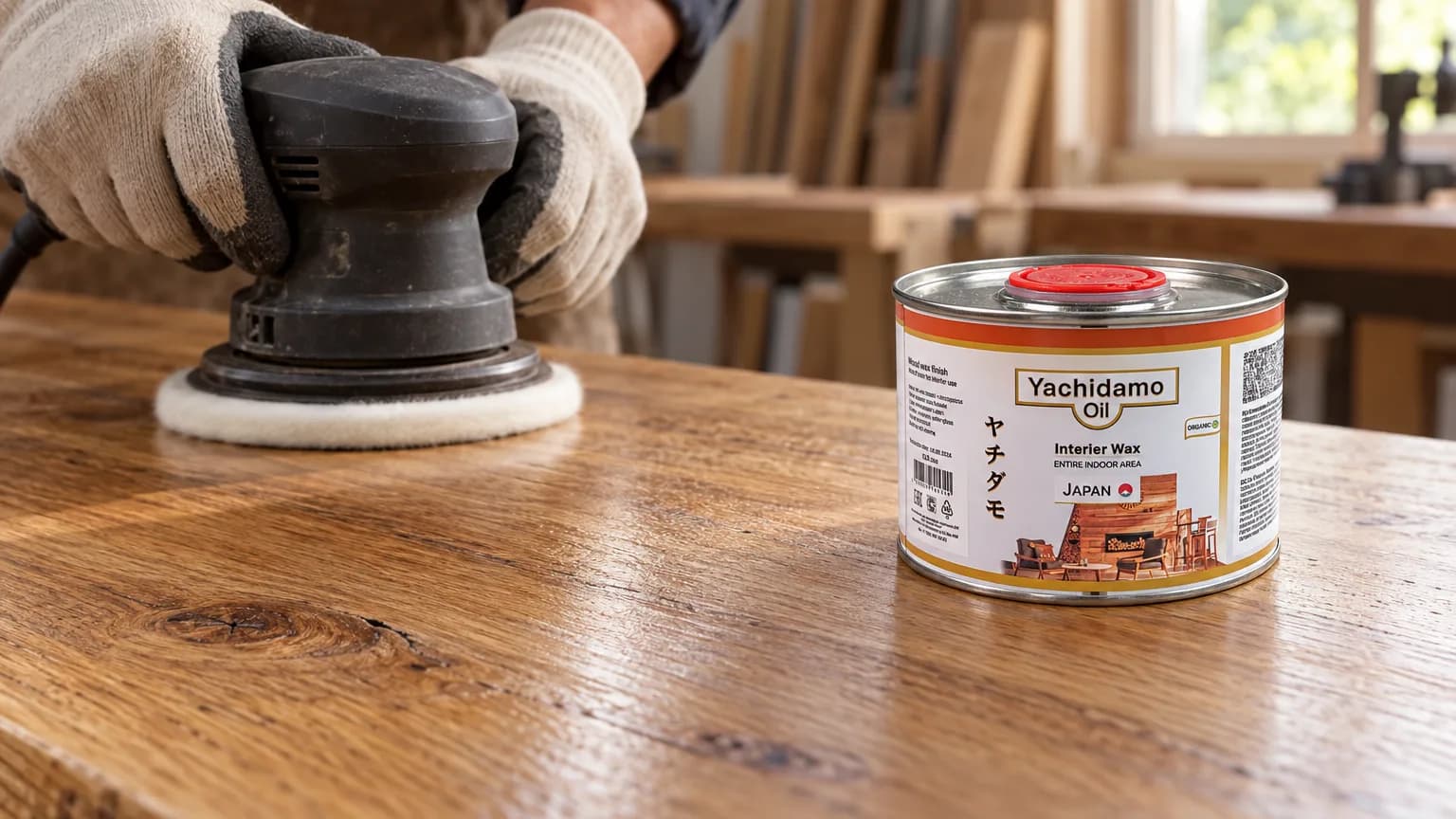 Банка Yachidamo Oil Interior Wax стоит рядом с дубовой столешницей, которую располировывают машиной с белым кругом.