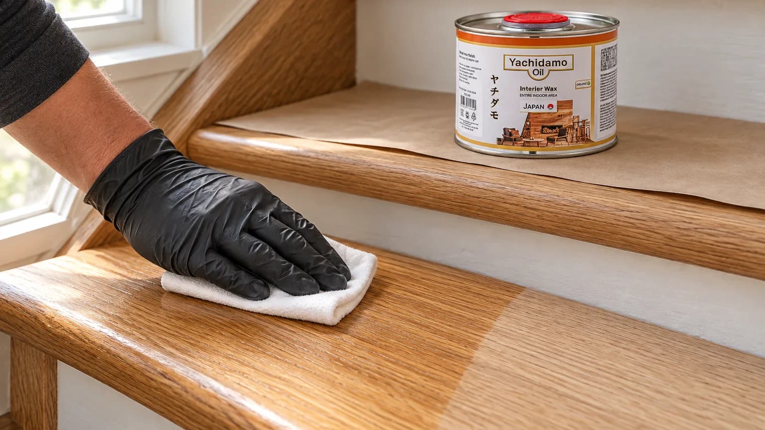 Банка Yachidamo Oil Interior Wax стоит на защищённой ступени, пока тонкий слой втирают в дубовую проступь белой салфеткой.
