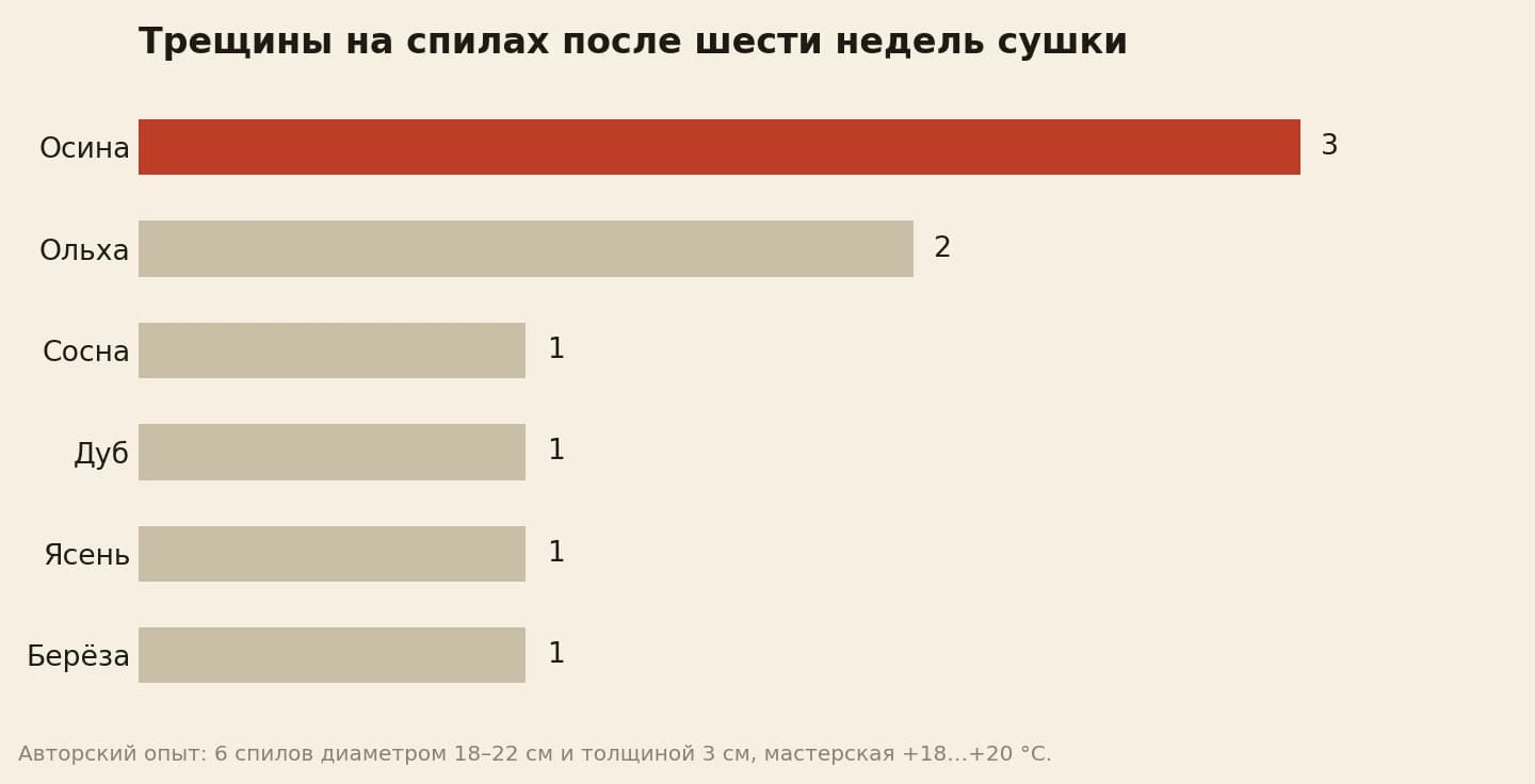 Сколько трещин дали спилы разных пород за 6 недель сушки: осина 3, ольха 2, сосна, дуб, ясень и берёза по одной