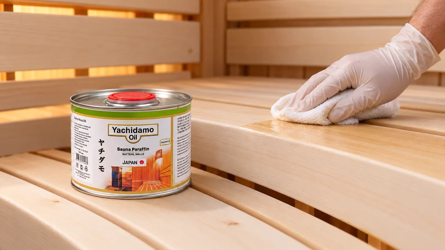 Банка Yachidamo Oil Sauna Paraffin стоит на нижнем полке, пока состав салфеткой втирают в светлую липовую скамью.