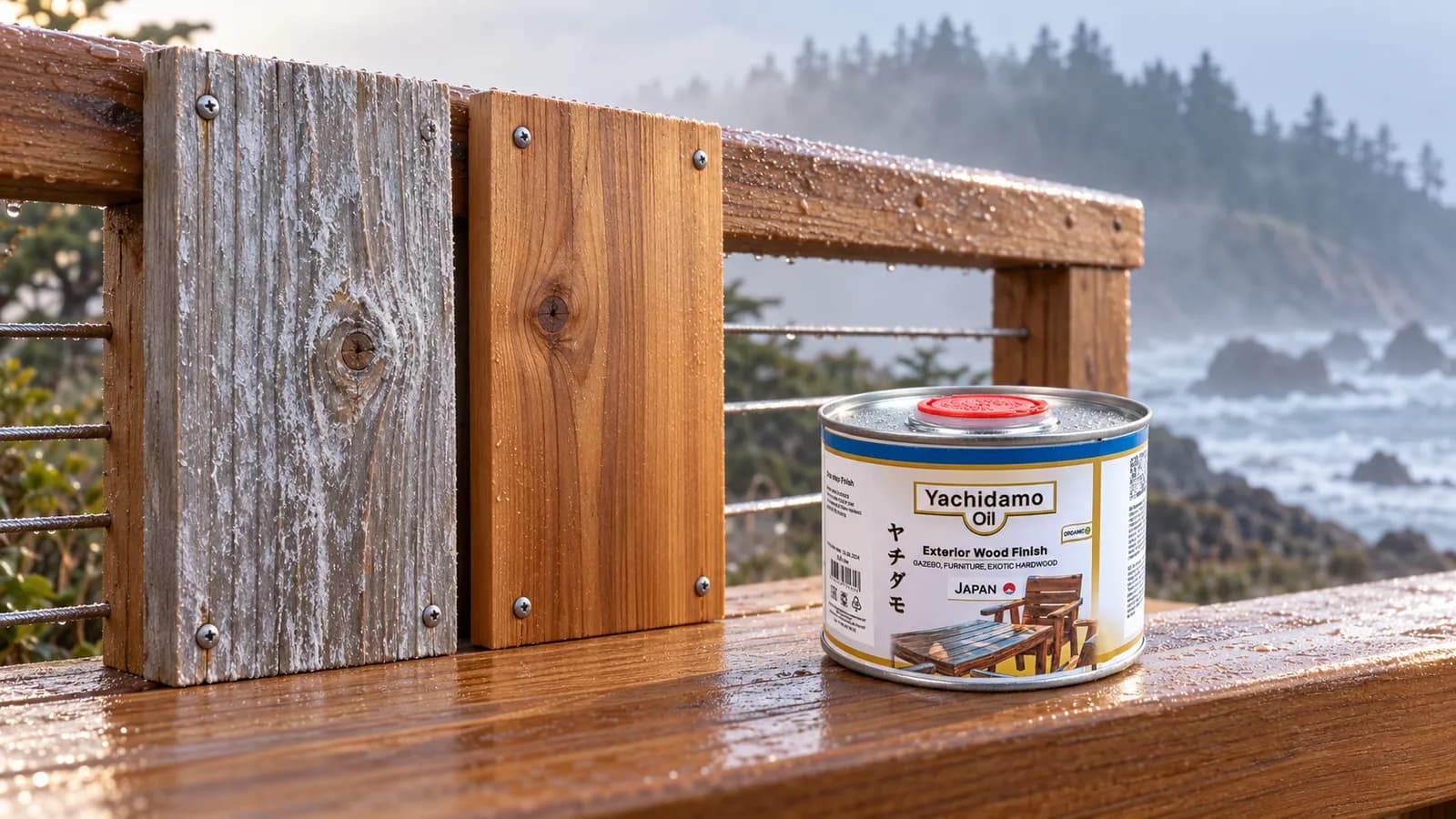 Защищённый и выветренный образцы кедра рядом с Yachidamo Exterior Wood Finish в морском тумане