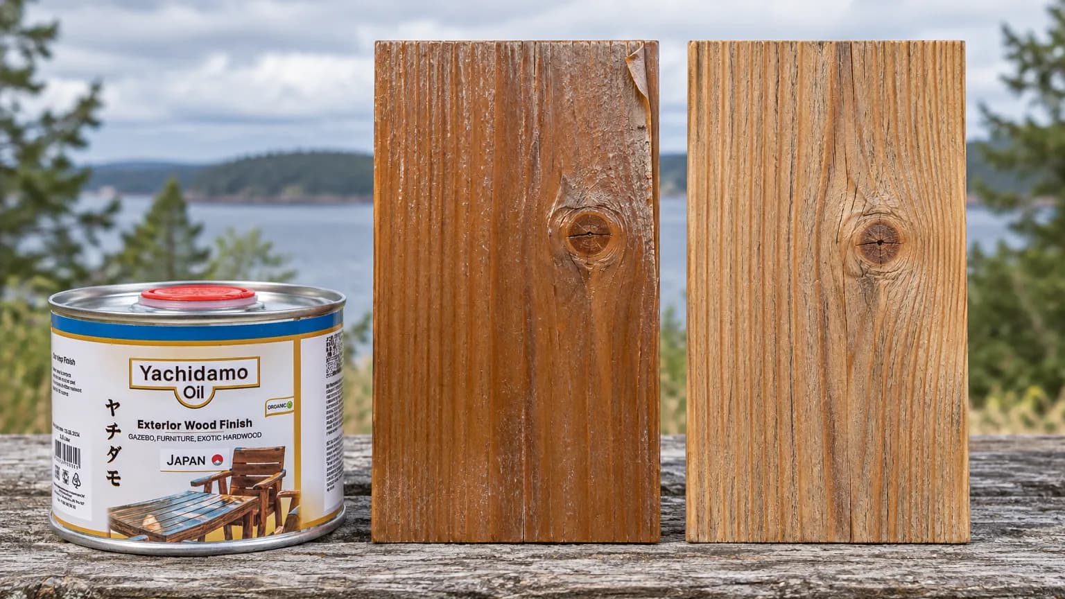 Банка Yachidamo Oil Exterior Wood Finish стоит рядом с фасадными пробниками плёночной и проникающей матовой отделки.