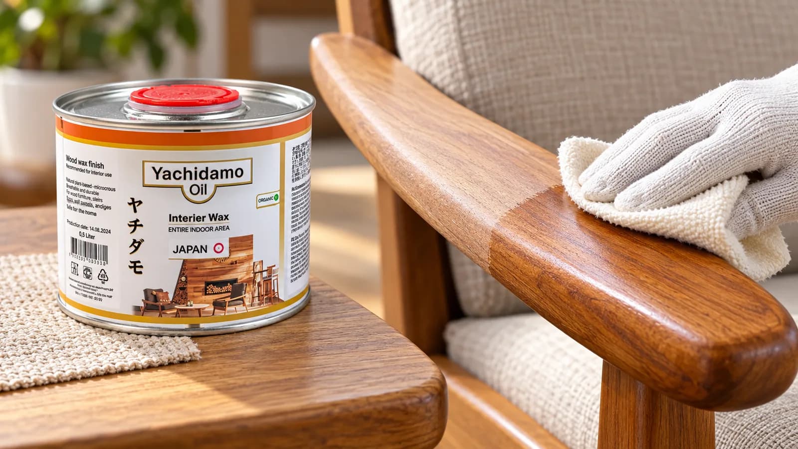Банка Yachidamo Oil Interior Wax стоит рядом с креслом, деревянный подлокотник которого промасливают белой салфеткой.