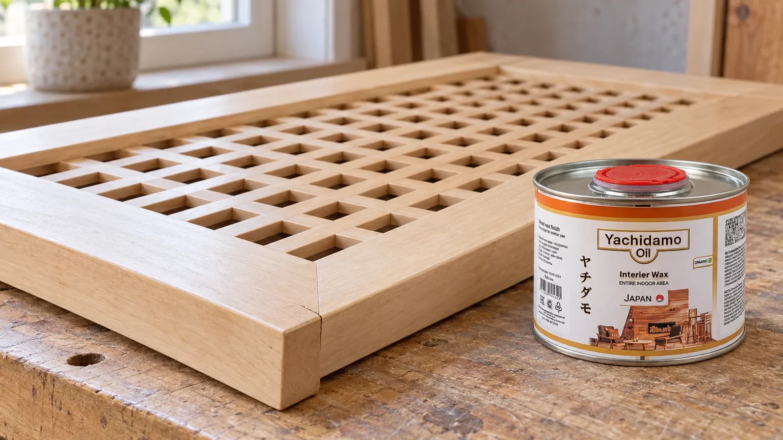 Банка Yachidamo Oil Interior Wax стоит рядом со снятой деревянной решёткой радиаторного экрана.