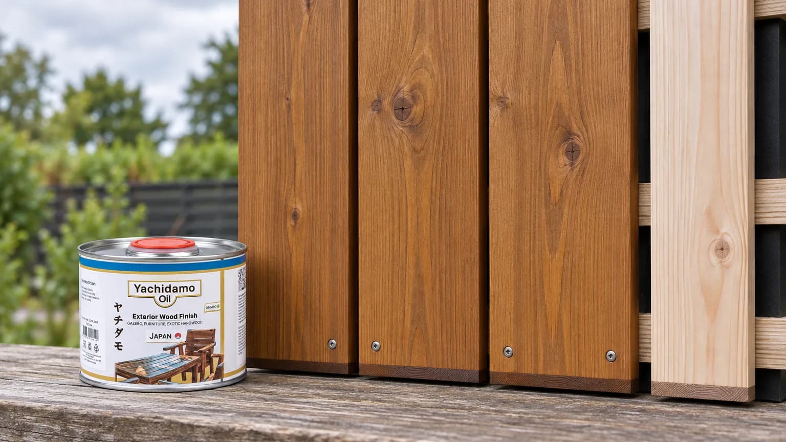 Банка Yachidamo Oil Exterior Wood Finish стоит у матового образца фасадной доски с защищённым торцом.