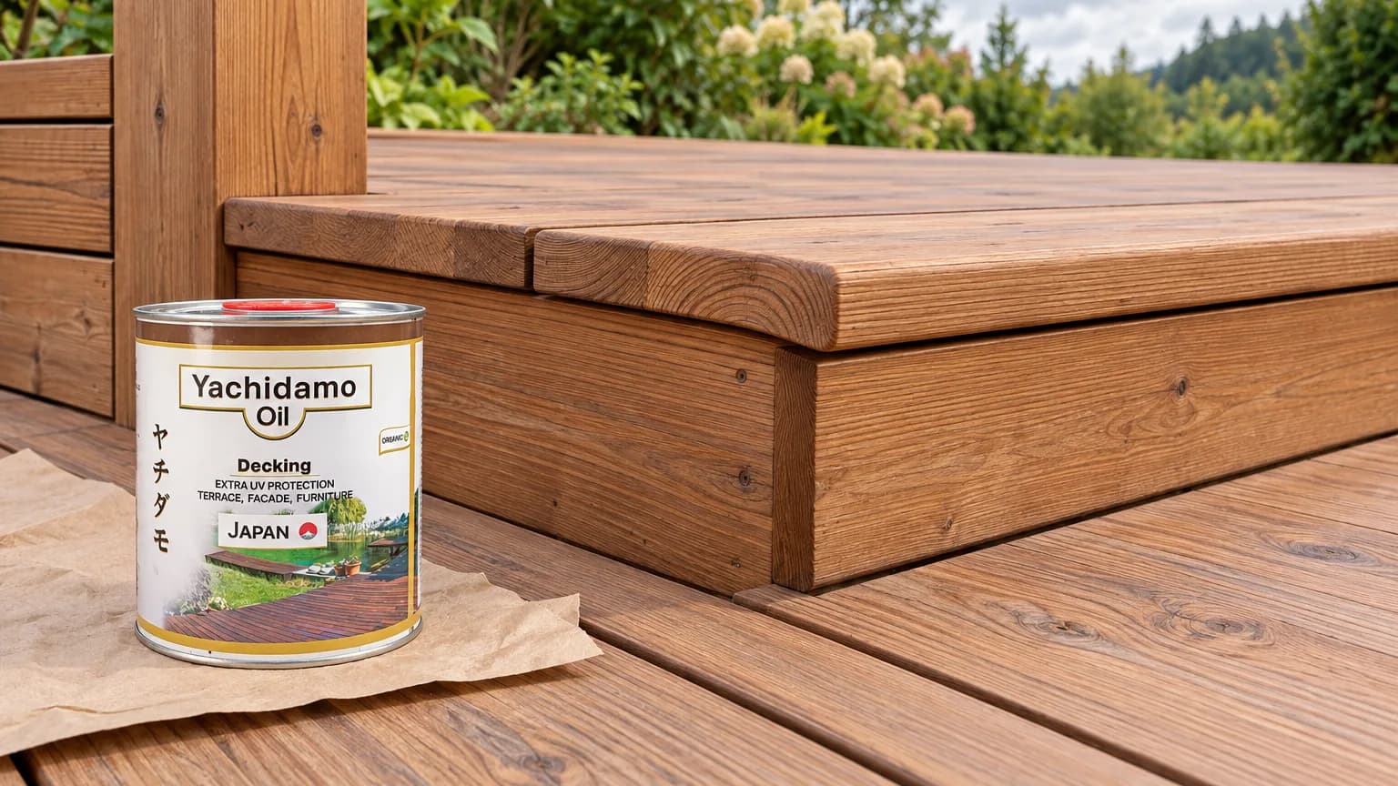 Банка Yachidamo Oil Decking стоит у матовой лиственничной ступени с дренажным зазором и нескользкой поверхностью.