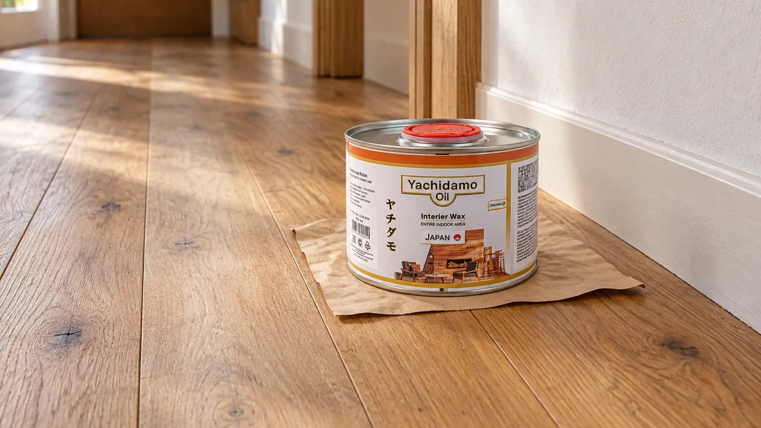 Банка Yachidamo Oil Interior Wax стоит на дубовом полу с лёгким износом проходной зоны и обновлённой доской.