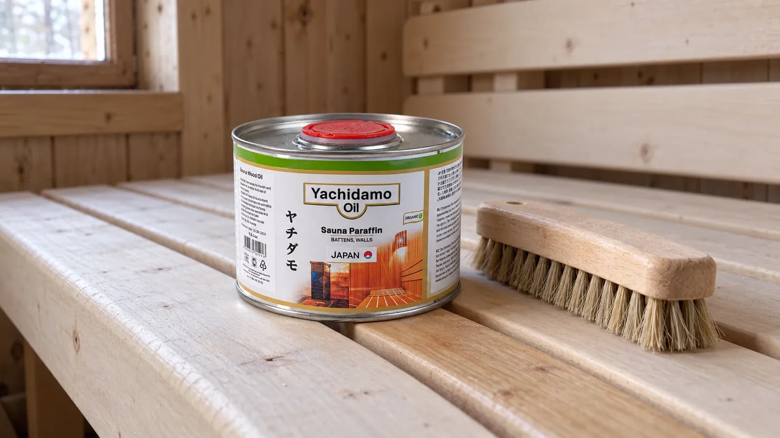 Банка Yachidamo Oil Sauna Paraffin и щётка на светлом липовом полке в бане