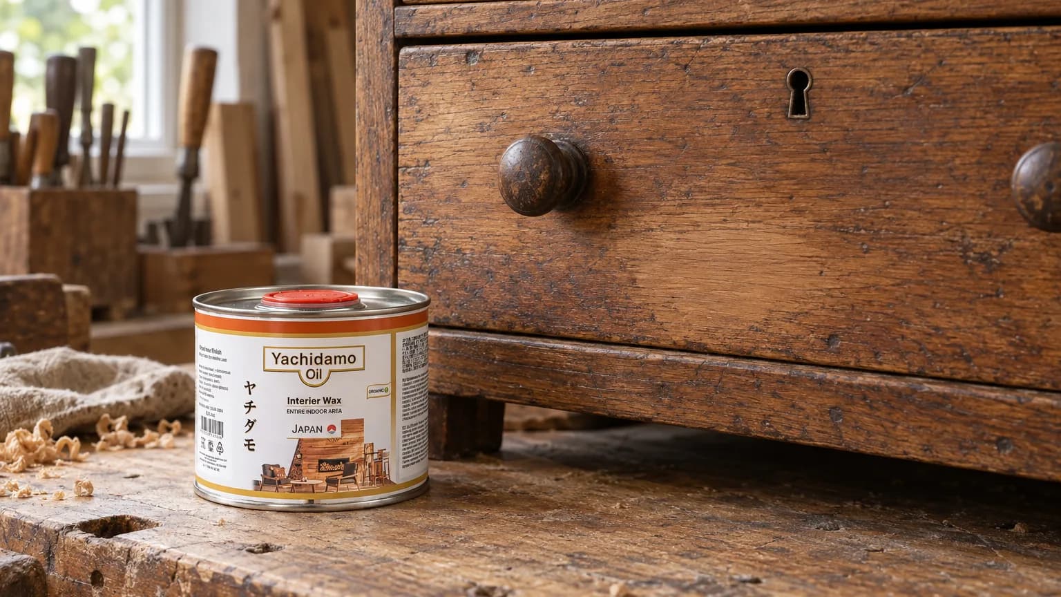 Банка Yachidamo Oil Interior Wax стоит у старого дубового комода с сохранённой патиной и локально обновлённым фасадом.
