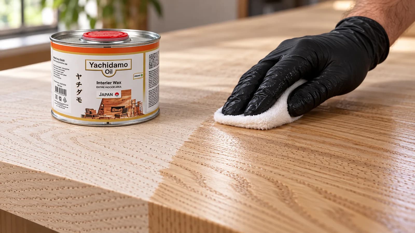 Банка Yachidamo Oil Interior Wax стоит на столешнице из ясеня, где белой салфеткой промасливают участок с открытыми порами.