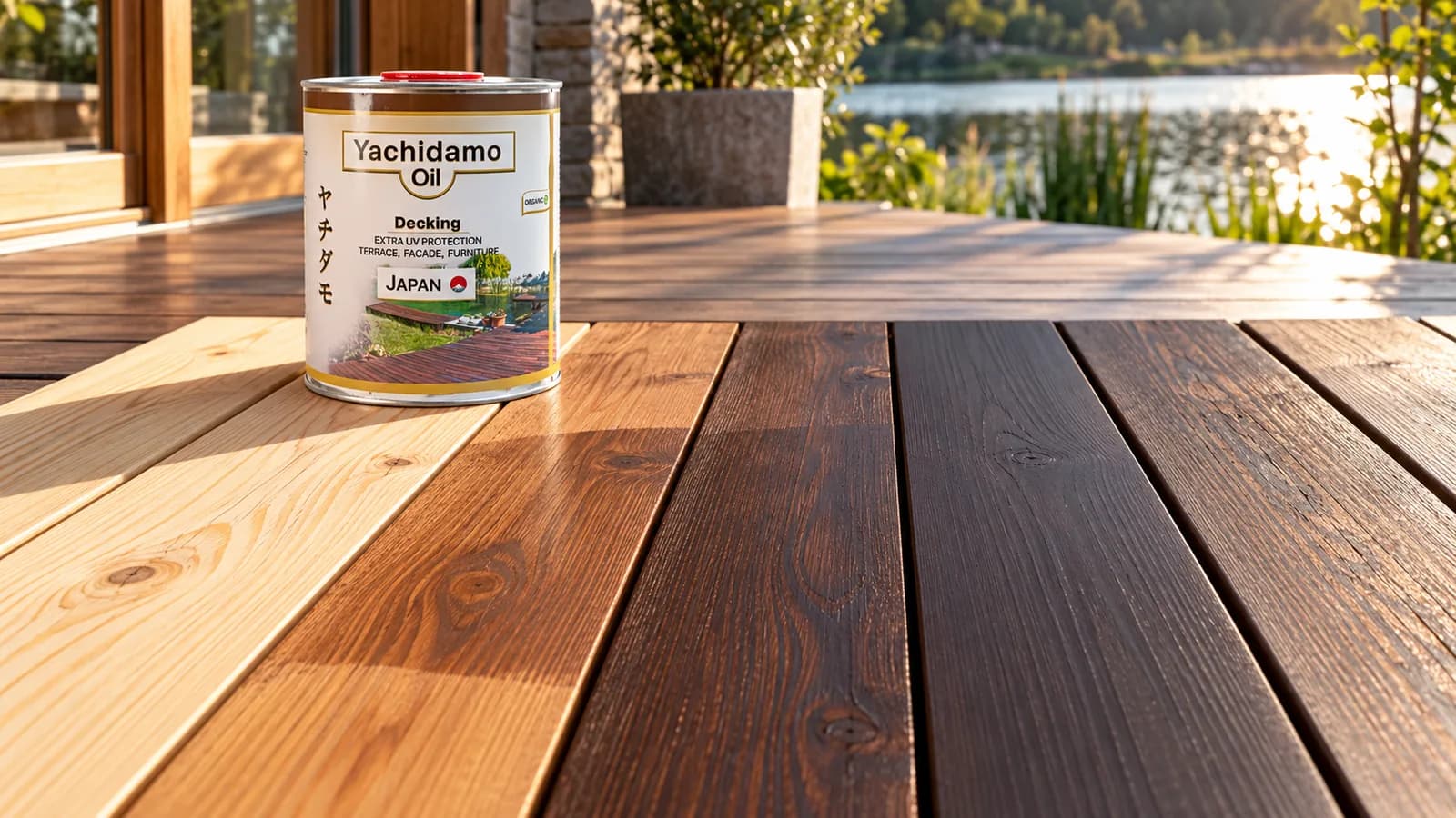 Банка Yachidamo Decking на террасе, где доски идут от светлых без покрытия до тёмных цвета венге