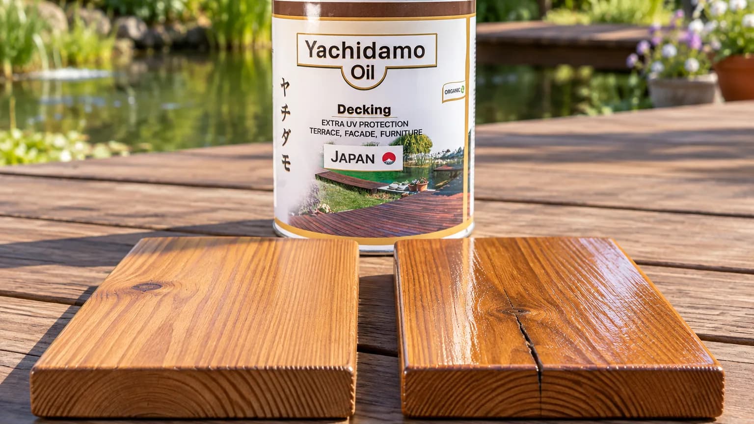 Банка Yachidamo Oil Decking стоит за двумя образцами: с матовым масляным покрытием и потрескавшейся глянцевой плёнкой.