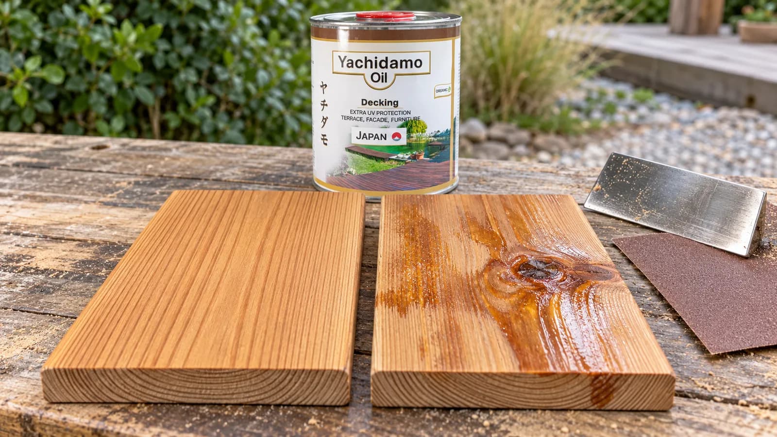 Ровный и неравномерно пропитанный образцы лиственницы рядом с Yachidamo Decking
