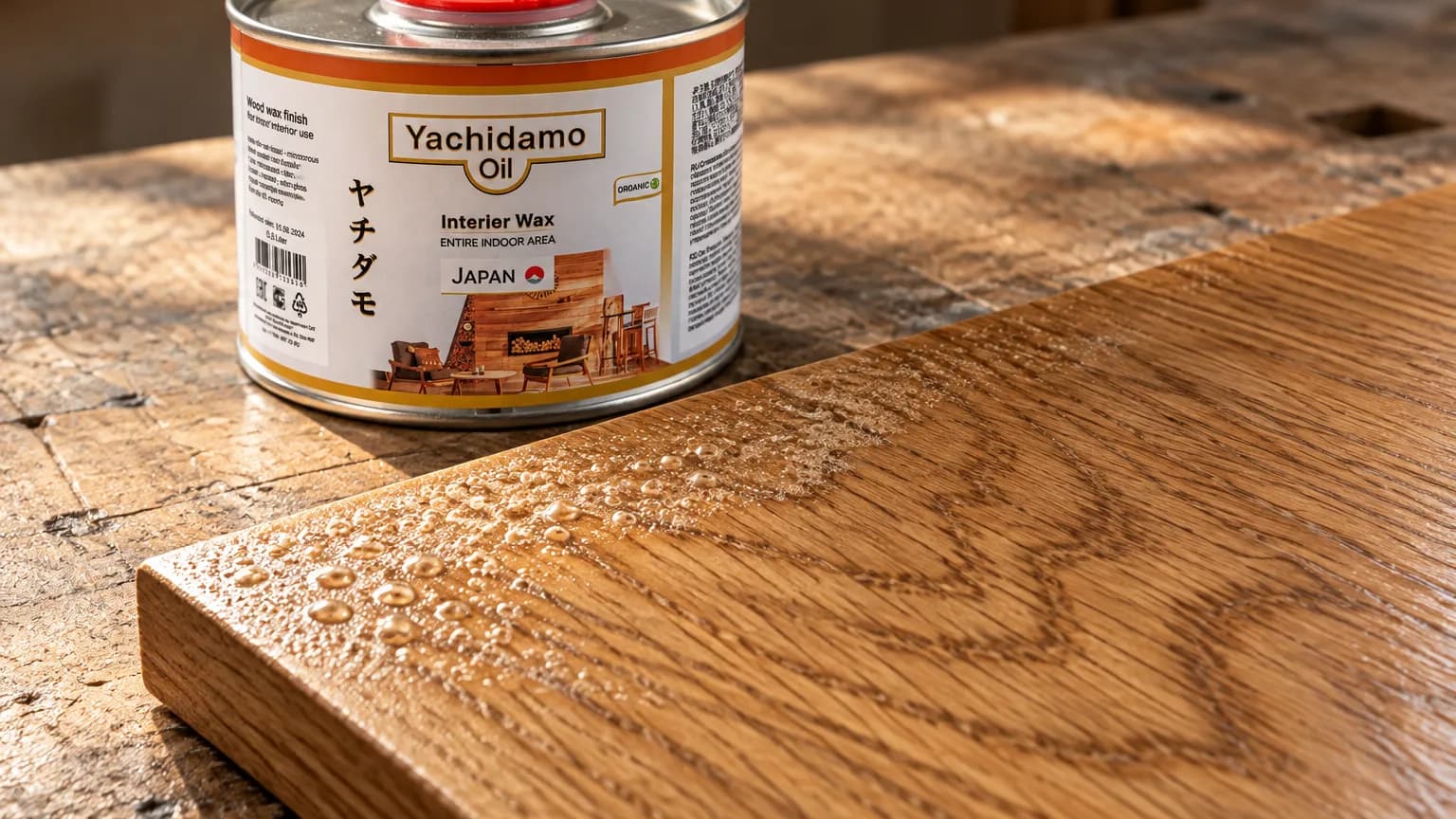 Банка Yachidamo Oil Interior Wax стоит за дубовой панелью с мелкими пузырьками и вспенённой кромкой толстого слоя.