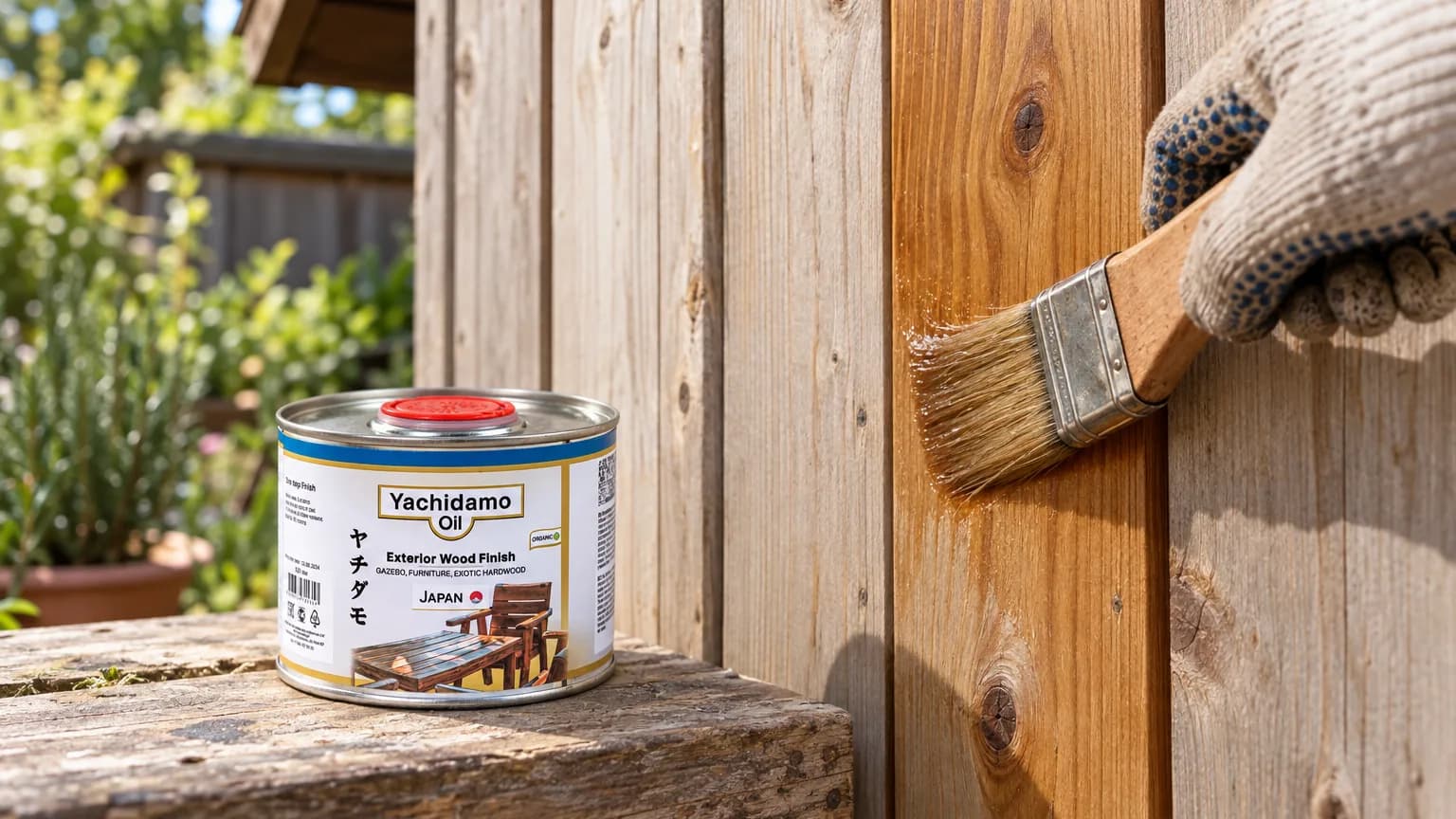 Банка Yachidamo Oil Exterior Wood Finish стоит рядом с сосновой обшивкой, на которую кистью наносят масло.
