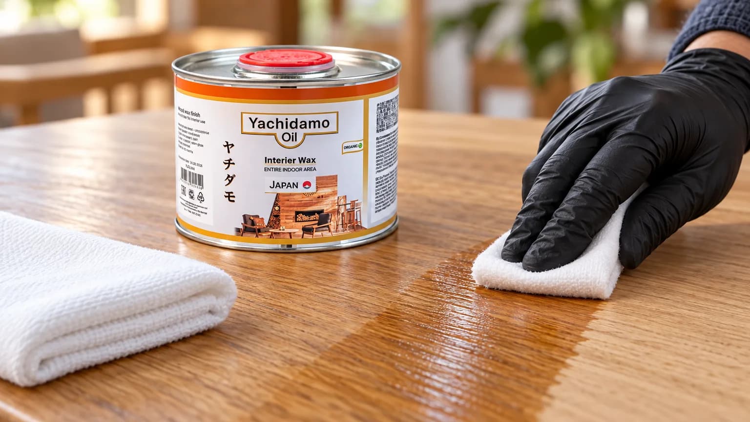 Банка Yachidamo Oil Interior Wax стоит на дубовой панели, на которую белой салфеткой наносят тонкий слой состава.