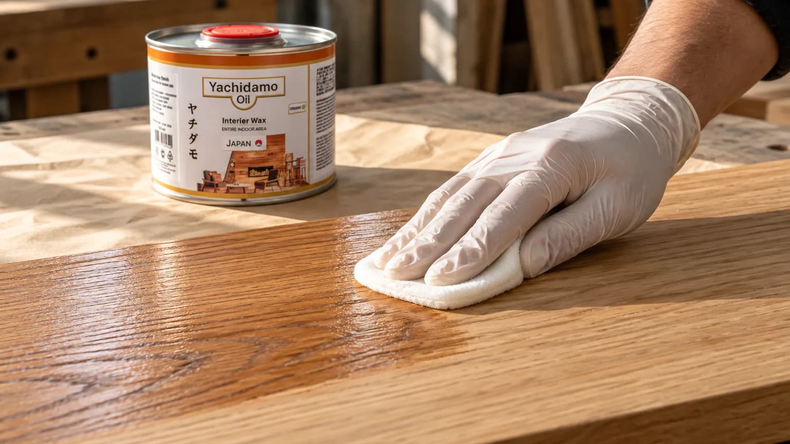 Банка Yachidamo Oil Interior Wax стоит у дубовой панели, где второй тонкий проход растирают по ещё влажной поверхности.