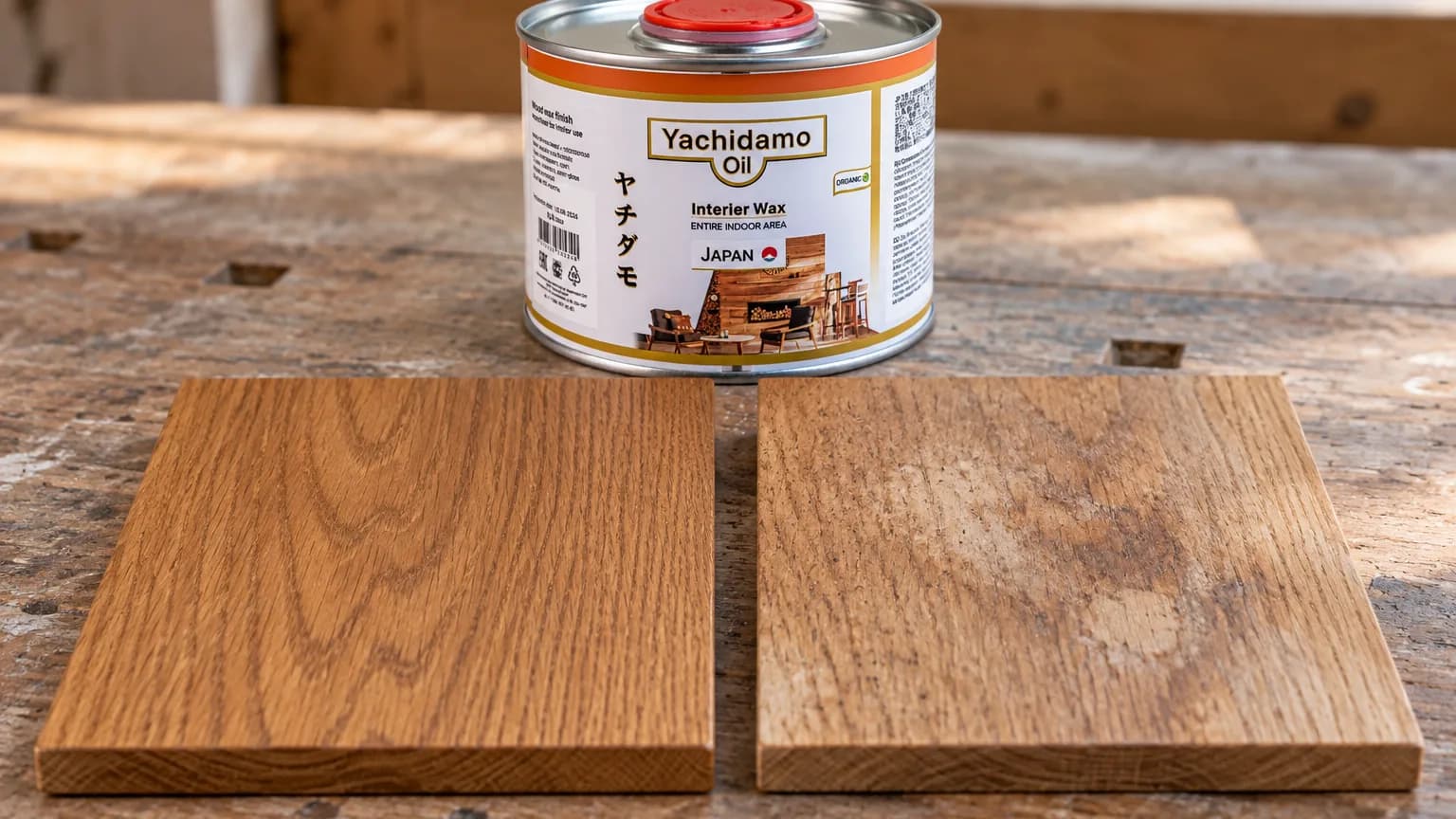 Банка Yachidamo Oil Interior Wax стоит рядом с ровным тонированным дубовым выкрасом и пятнистой несовместимой пробой.