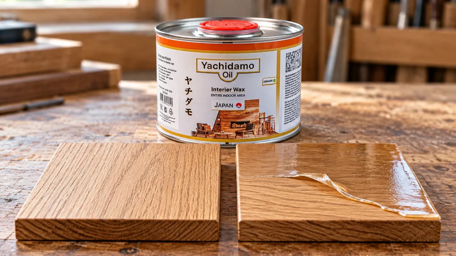 Банка Yachidamo Oil Interior Wax стоит за дубовыми образцами с матовым маслом и отслаивающейся прозрачной лаковой плёнкой.