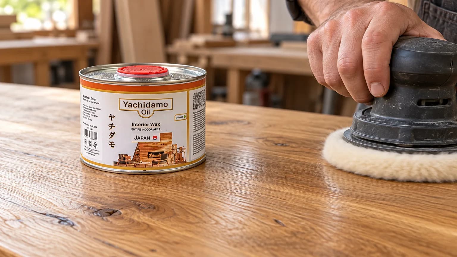 Банка Yachidamo Oil Interior Wax стоит на дубовой панели рядом с полировальной машиной и матовой обработанной поверхностью.
