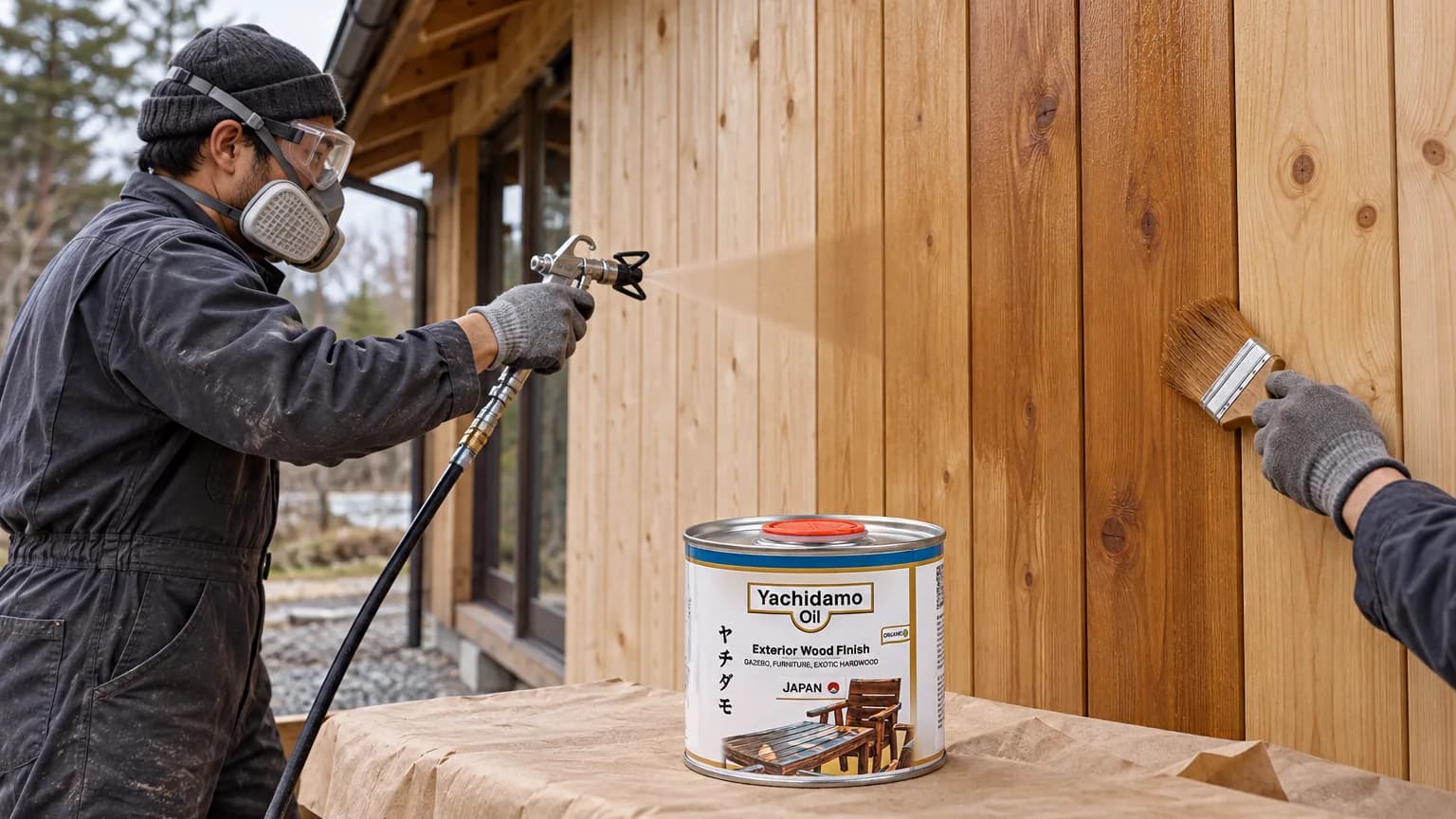 Банка Yachidamo Oil Exterior Wood Finish стоит в укрытой зоне, пока фасадную доску покрывают тонким факелом распылителя.