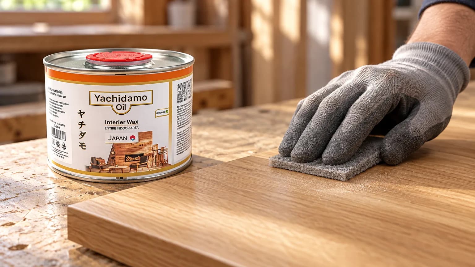 Банка Yachidamo Oil Interior Wax стоит рядом с дубовой панелью, которую после первого слоя легко шлифуют серой губкой.