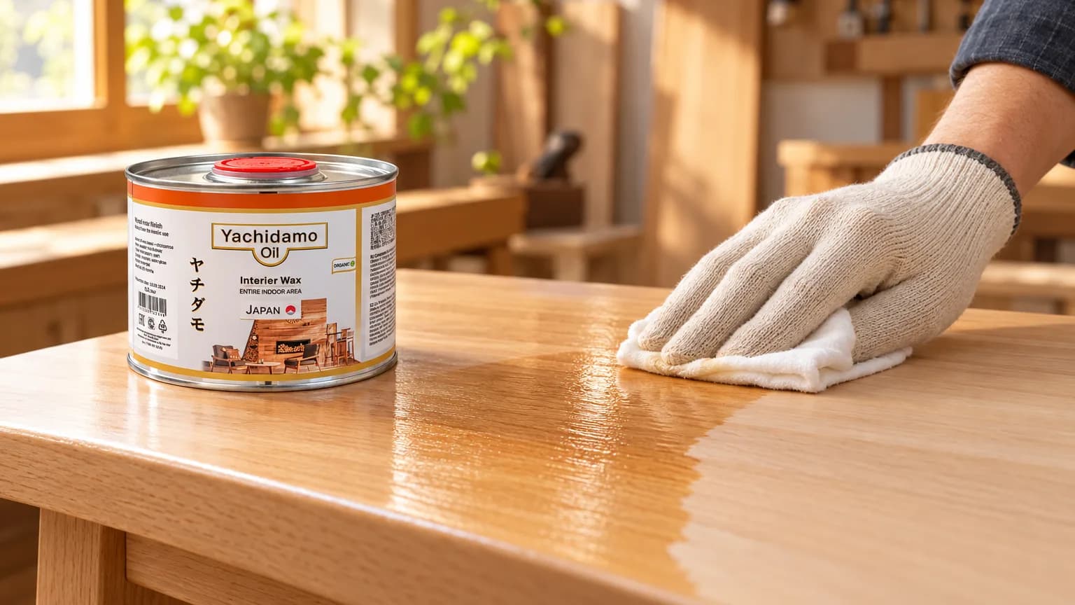 Банка Yachidamo Oil Interior Wax стоит на буковом столике, на который салфеткой наносят тонкий слой масла.