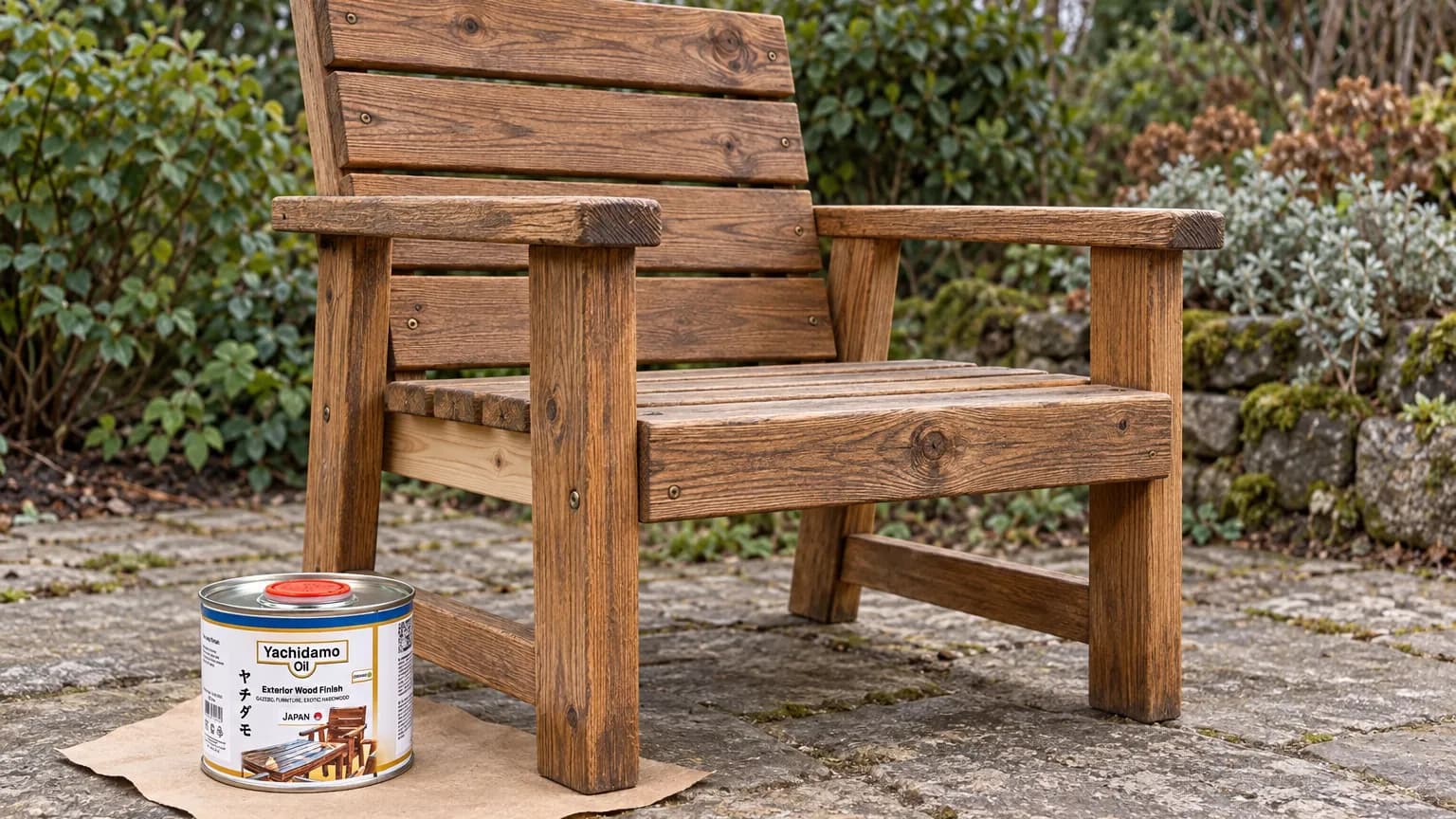 Банка Yachidamo Oil Exterior Wood Finish стоит у матового деревянного садового кресла с защищёнными торцами и стыками.