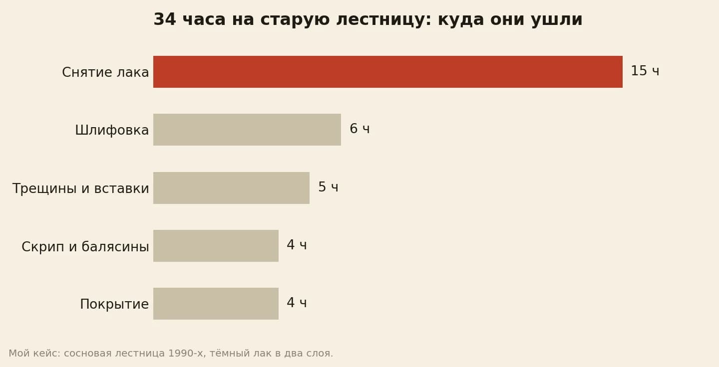 Часы реставрации деревянной лестницы из пятнадцати ступеней по этапам: снятие лака 15, трещины и вставки 5, скрип и балясины 4, шлифовка 6, покрытие 4