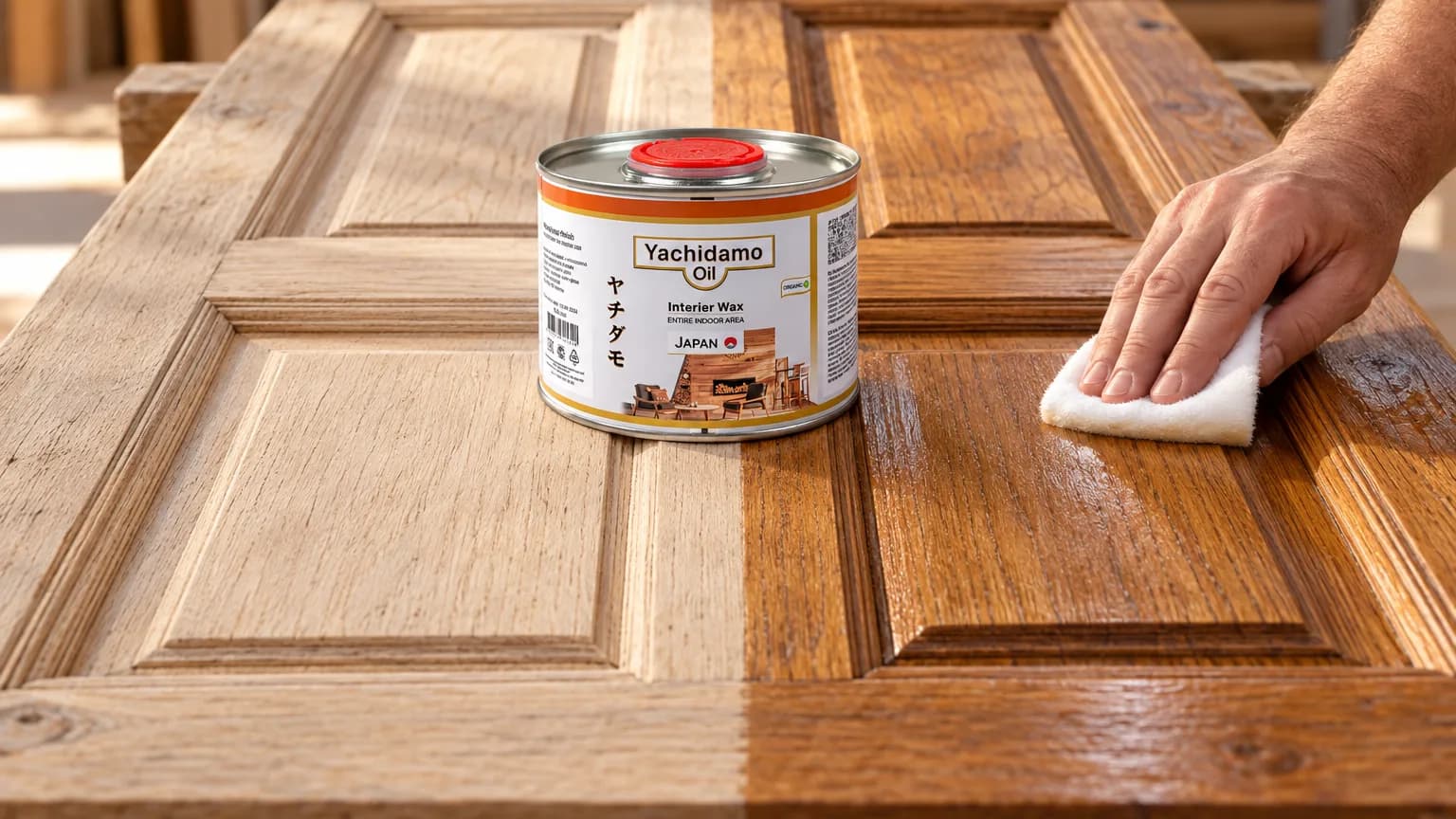 Банка Yachidamo Oil Interior Wax стоит на восстановленной дубовой двери, половину которой покрывают маслом белой салфеткой.