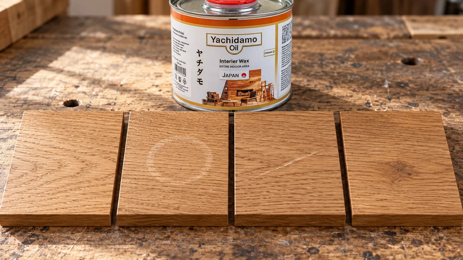Банка Yachidamo Oil Interior Wax стоит рядом с четырьмя дубовыми образцами для проверки матовости, царапин и ремонта.
