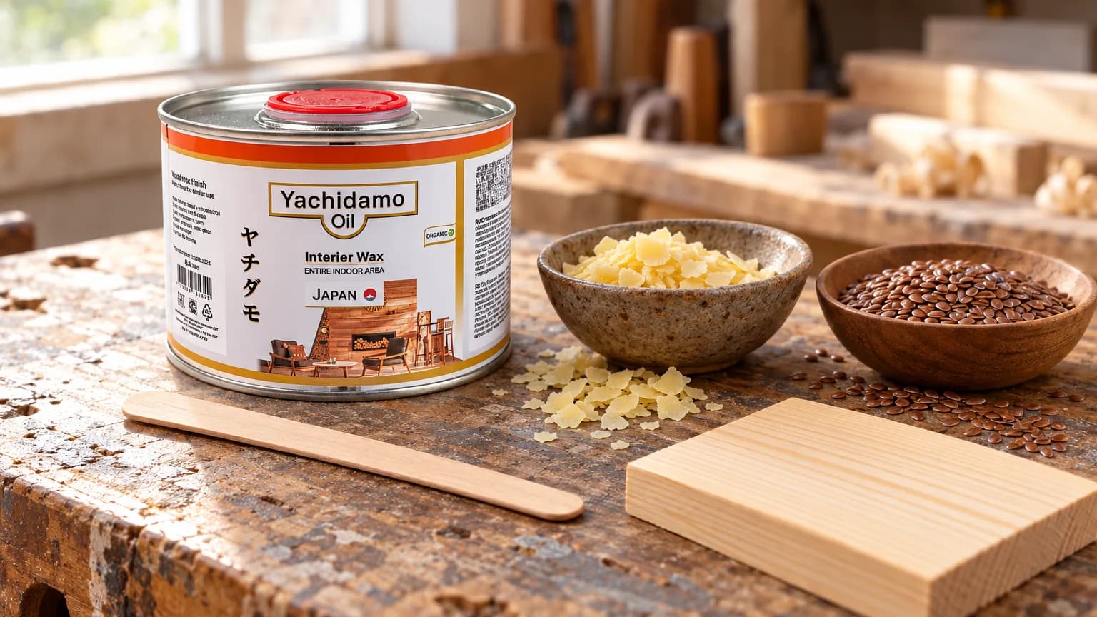 Банка Yachidamo Interior Wax стоит рядом с пчелиным воском, семенами льна и сосновым образцом.