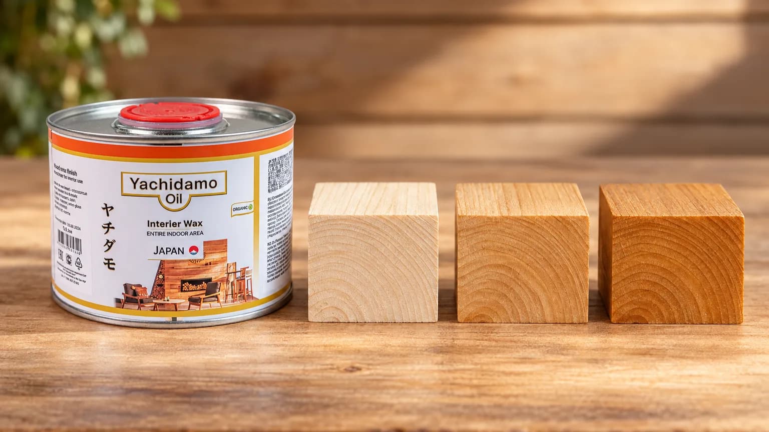 Банка Yachidamo Oil Interior Wax стоит рядом с тремя торцевыми сосновыми брусками, показывающими разную степень впитывания.