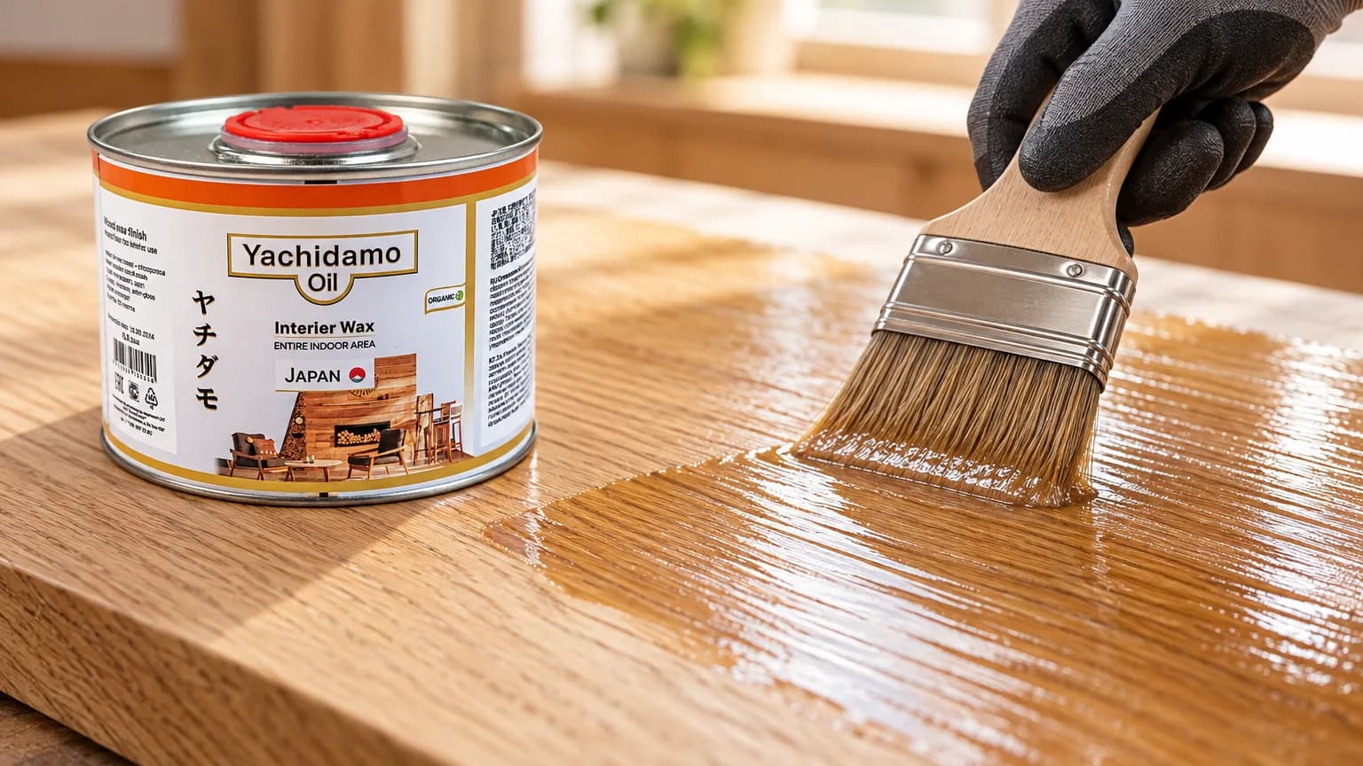 Банка Yachidamo Oil Interior Wax стоит у дубовой панели, где широкой кистью выравнивают заметные полосы свежего масла.