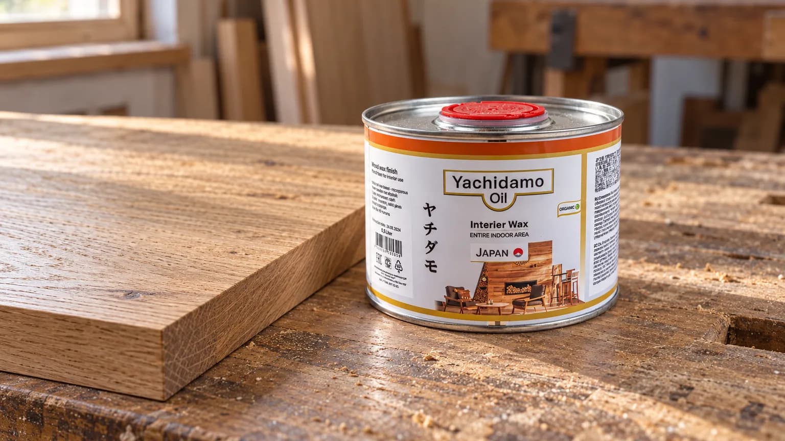 Дубовая мебельная панель с матовой фактурой рядом с банкой Yachidamo Oil Interior Wax на верстаке.