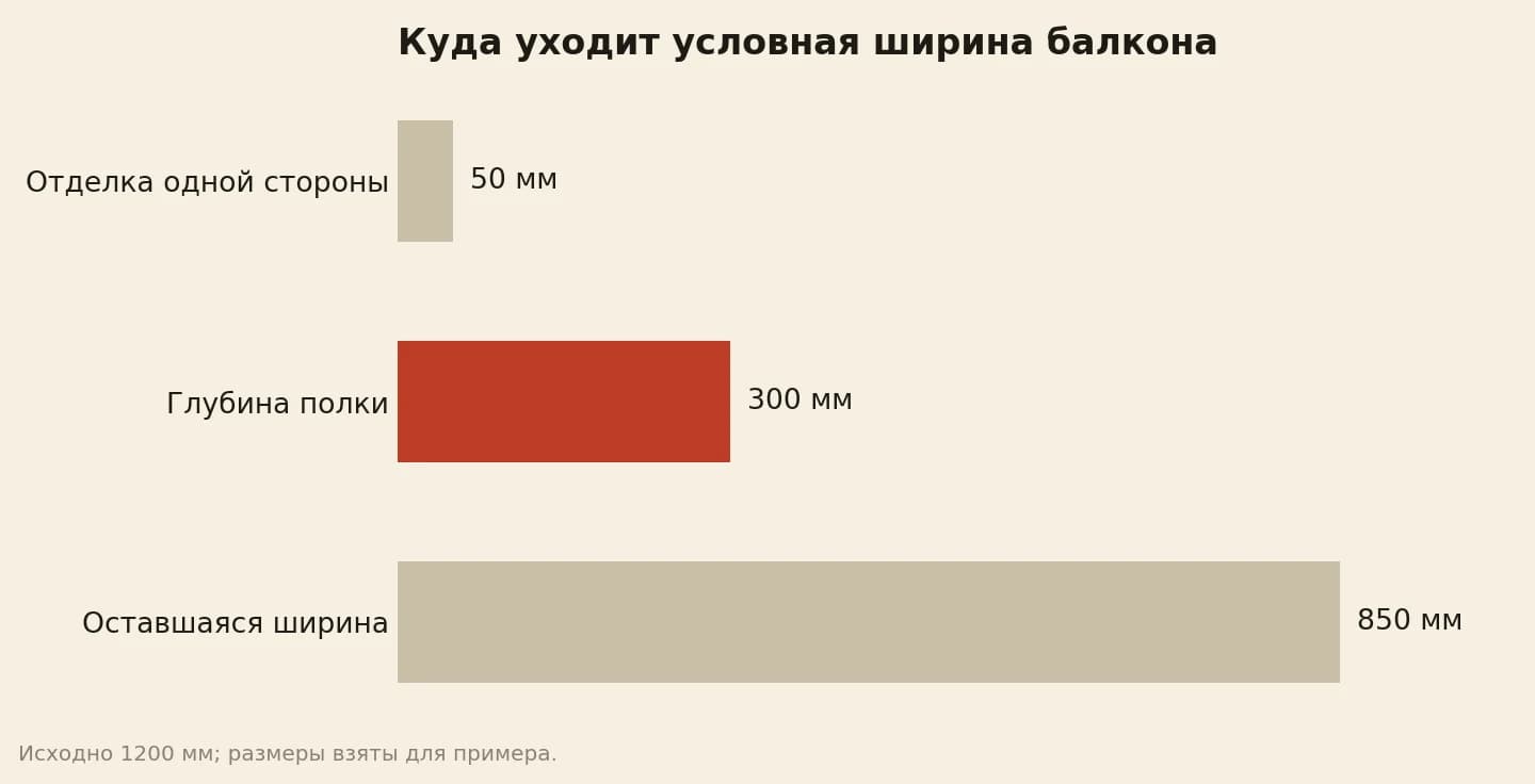 Распределение ширины условного балкона 1200 мм: отделка одной стороны 50 мм, полка 300 мм, оставшаяся полоса 850 мм