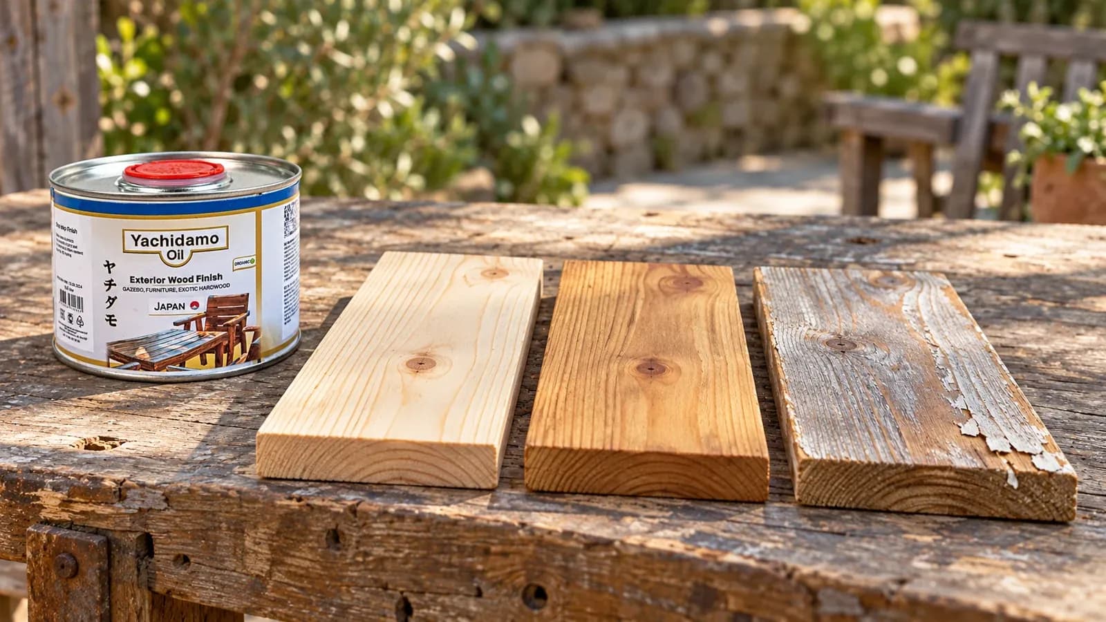 Образцы наружной древесины с разными покрытиями рядом с банкой Yachidamo Exterior Wood Finish.