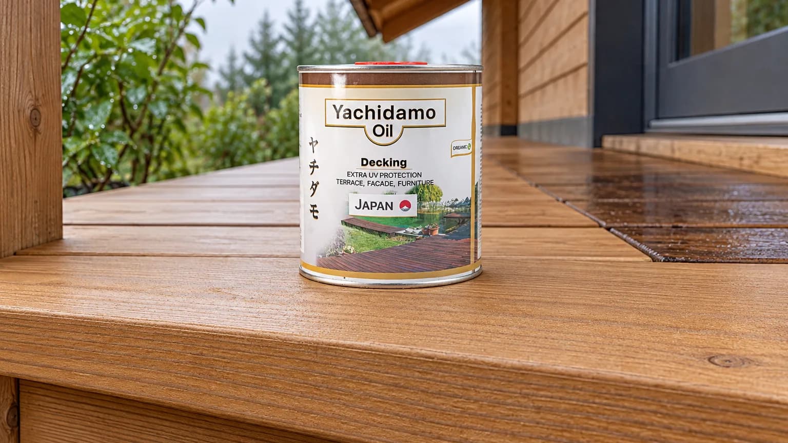 Банка Yachidamo Oil Decking стоит у матовой лиственничной ступени с мелким противоскользящим рельефом.