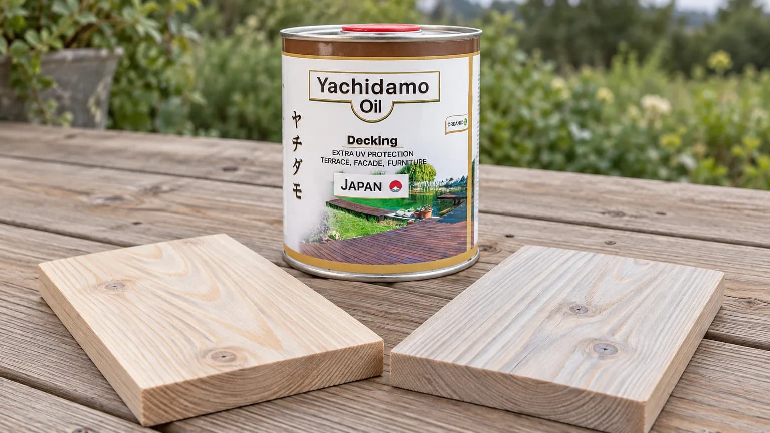 Банка Yachidamo Decking стоит рядом с двумя полупрозрачно выбеленными образцами лиственницы.